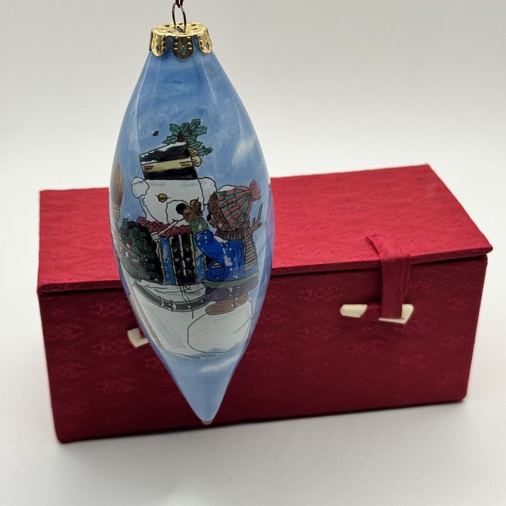 Vintage FIGI Inside Art Peggy Abrams Bear Snowman Reverse Painted Glass Ornament